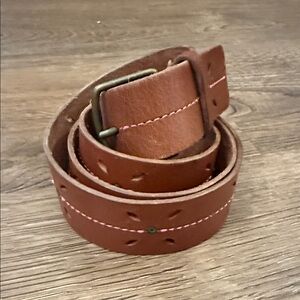 American Eagle Outfitters Tan Leather Belt with Cut-Outs and pink stitching XL